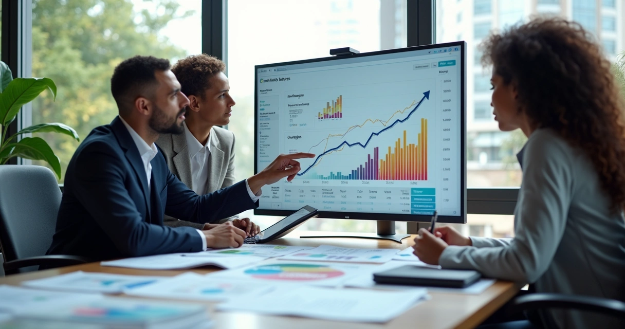 Três pessoas analisam gráficos de mercado em uma mesa moderna 