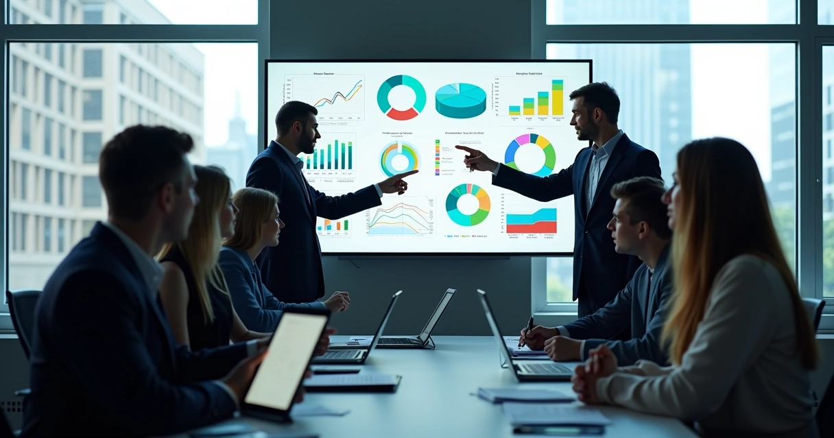 Equipe comercial discutindo painéis de vendas na tela 