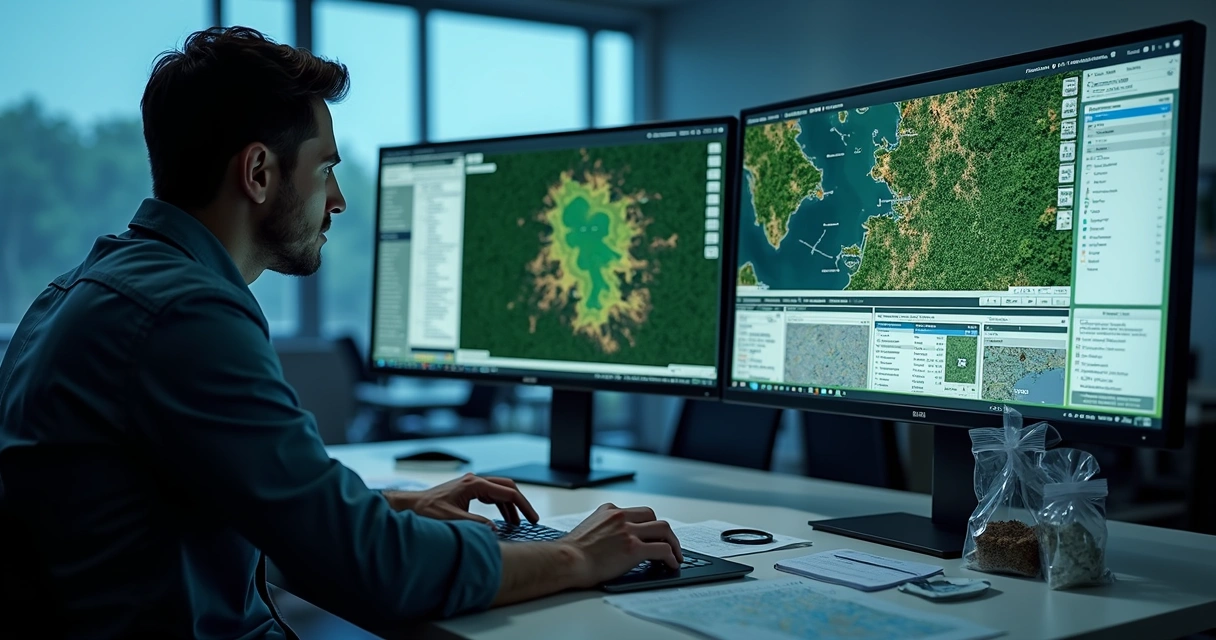 Perito analisando mapa ambiental e metadados em tela 