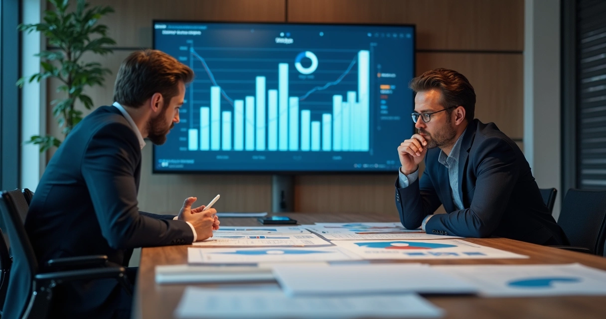 Gestor analisando gráficos e metas financeiras em mesa de reunião 