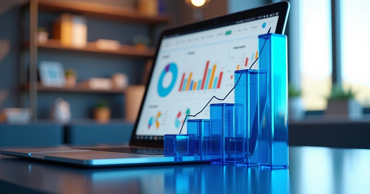 Gráfico de barras azuis mostrando taxa de conversão aumentando ao lado de laptop com tela de análises abertas 