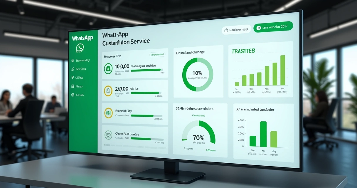 Painel digital exibindo métricas de satisfação e desempenho em atendimento automatizado WhatsApp. 