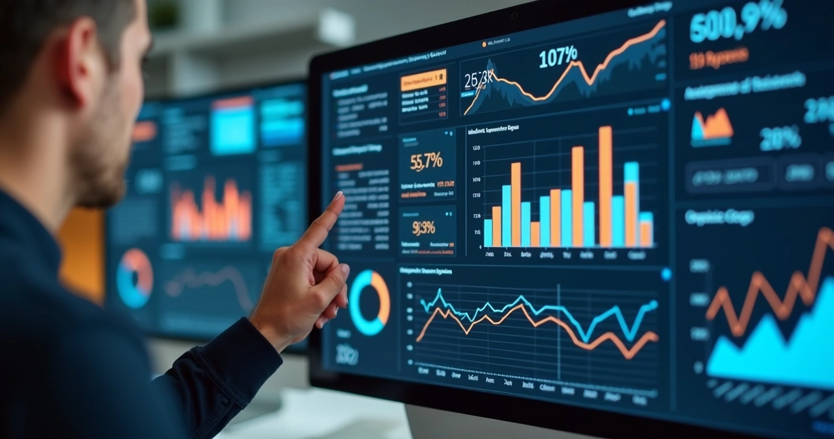 Profissional analisando gráficos de desempenho de campanha digital em tela grande 