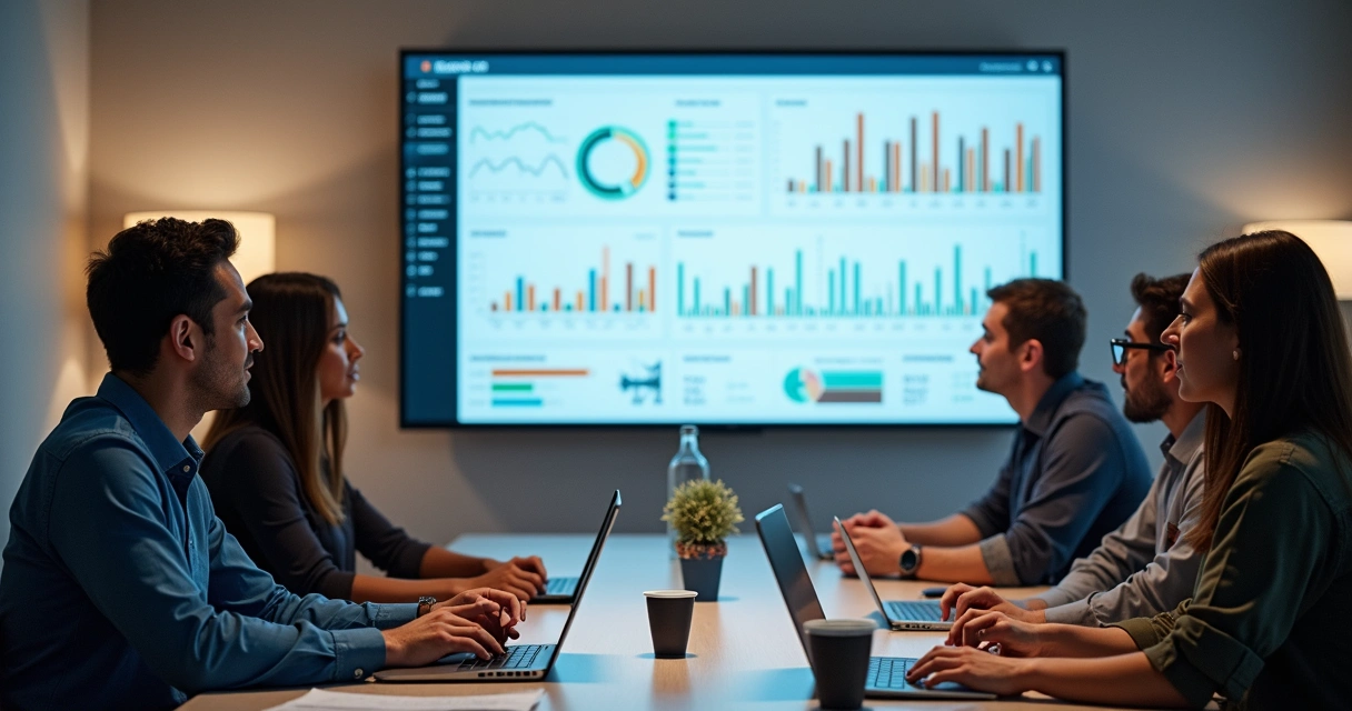 Equipe analisando métricas de campanha digital na tela 