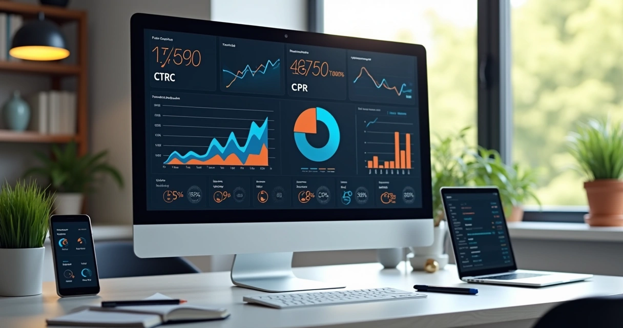 Tela de computador mostrando gráficos de métricas de campanha de tráfego pago com gráficos de barras, linhas e números destacados 