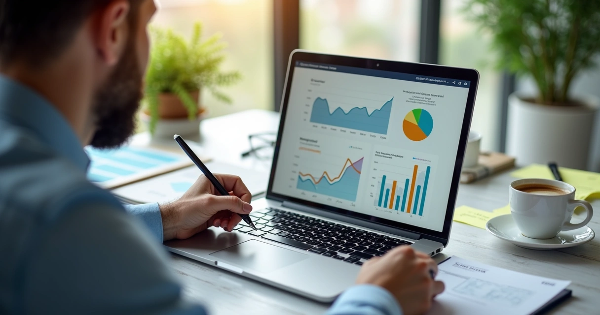 Gestor revisando gráficos e perguntas em planejamento de marketing 