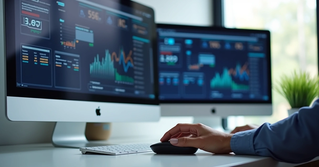 Telas de computador mostrando métricas de campanhas no Google e Facebook Ads