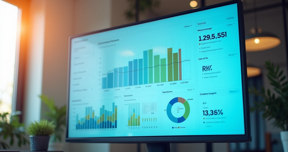 Painel digital mostrando gráficos de anúncios online, com destaque para métricas de conversão e retorno de investimento. 