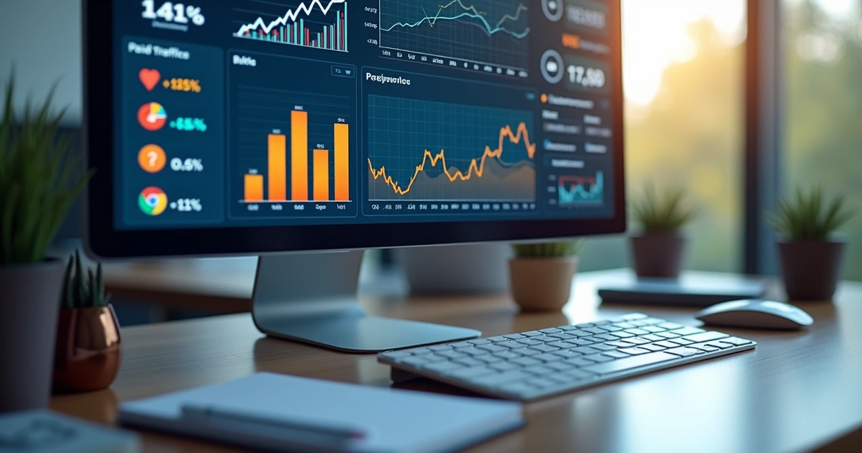 Tela de computador exibindo gráficos detalhados de desempenho de campanhas de tráfego pago com indicadores de ROI e conversão 