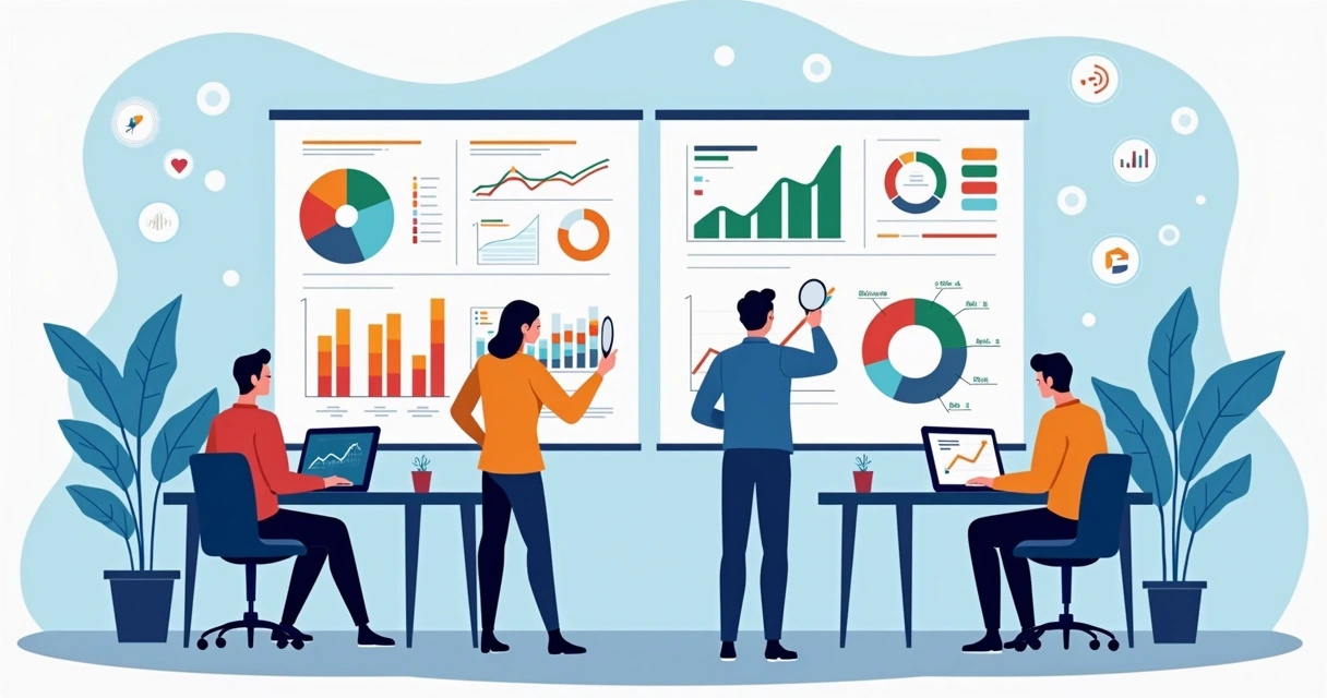 Ilustração corporativa de equipe analisando métricas de conversão em vendas B2B com gráficos e telas digitais 