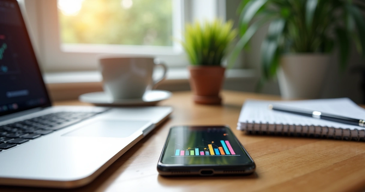 Smartphone mostrando gráficos coloridos de crescimento do Instagram em uma mesa de trabalho 