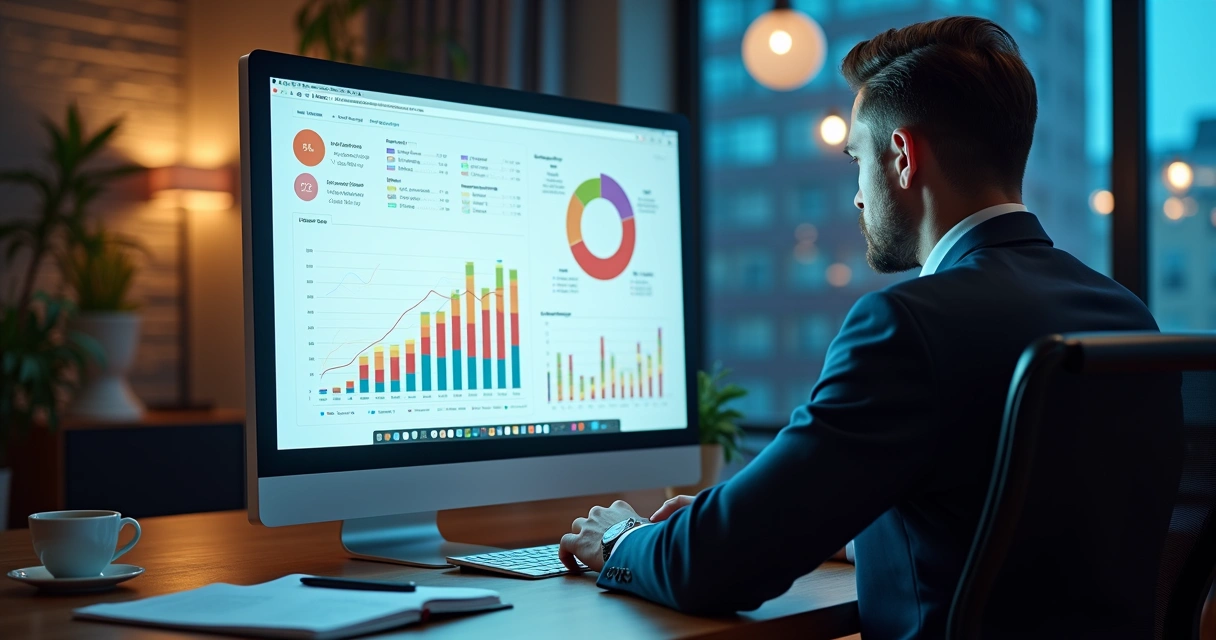 Profissional analisando métricas em dashboard digital com gráficos de e-commerce 