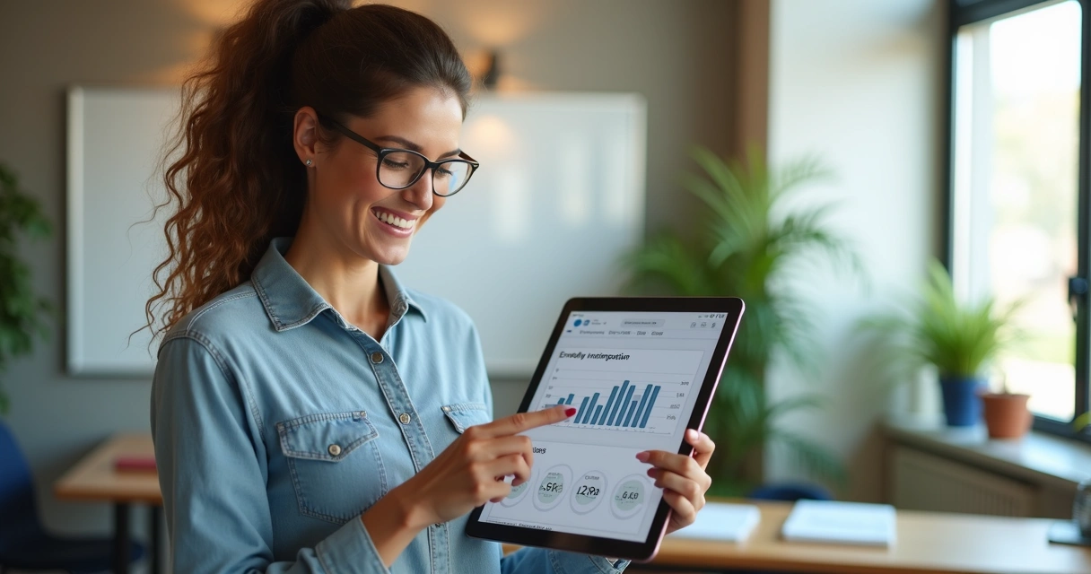 Mulher sorrindo analisando métricas de e-mail em tablet 