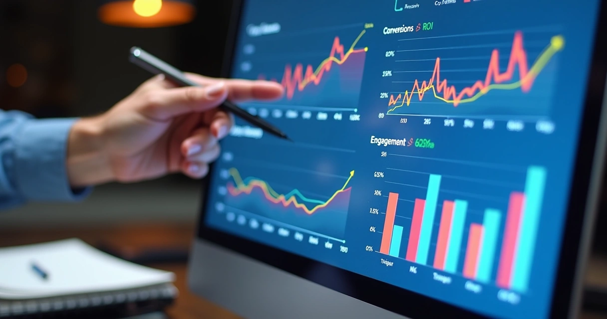 Gráficos de desempenho de campanhas no Facebook em tela digital. 