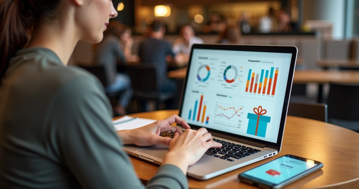 Gestora analisando métricas de programa de fidelidade em tela de notebook 