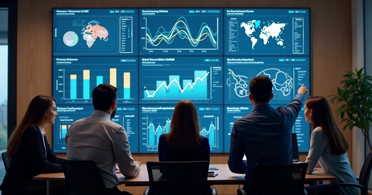 Equipe olhando relatório de métricas digitais em tela grande 