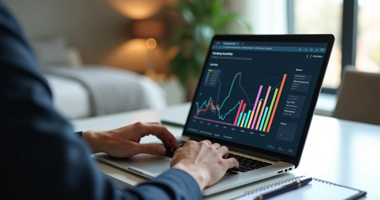Gestor analisando métricas em laptop com gráficos 