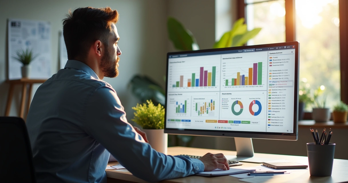 Gestor imobiliário analisando gráficos de desempenho em tela de computador 