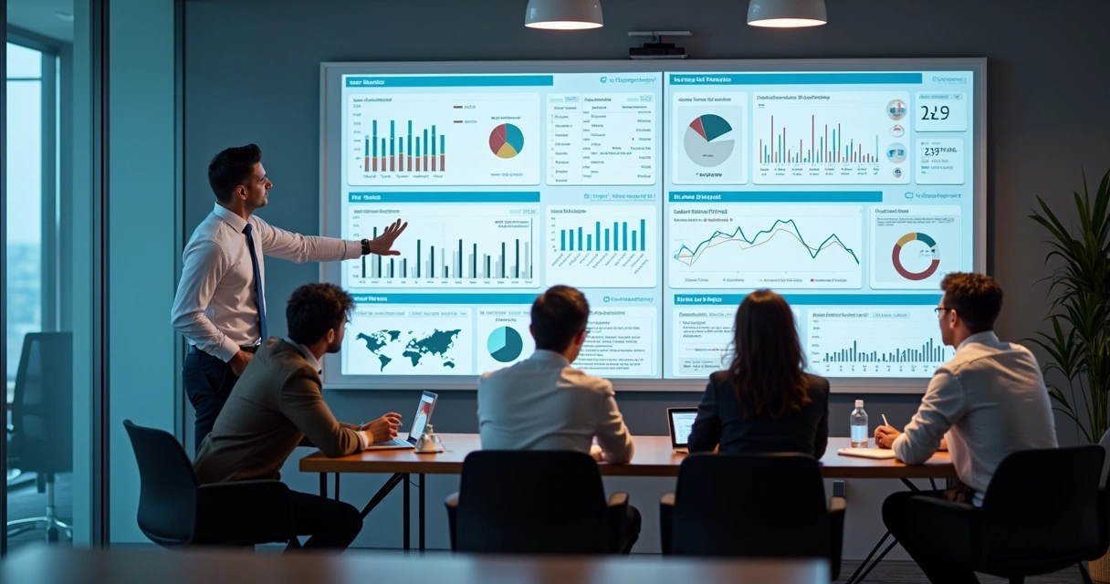 Dashboard de métricas integradas de inbound e outbound em uma grande tela, ao lado de uma equipe estudando resultados 