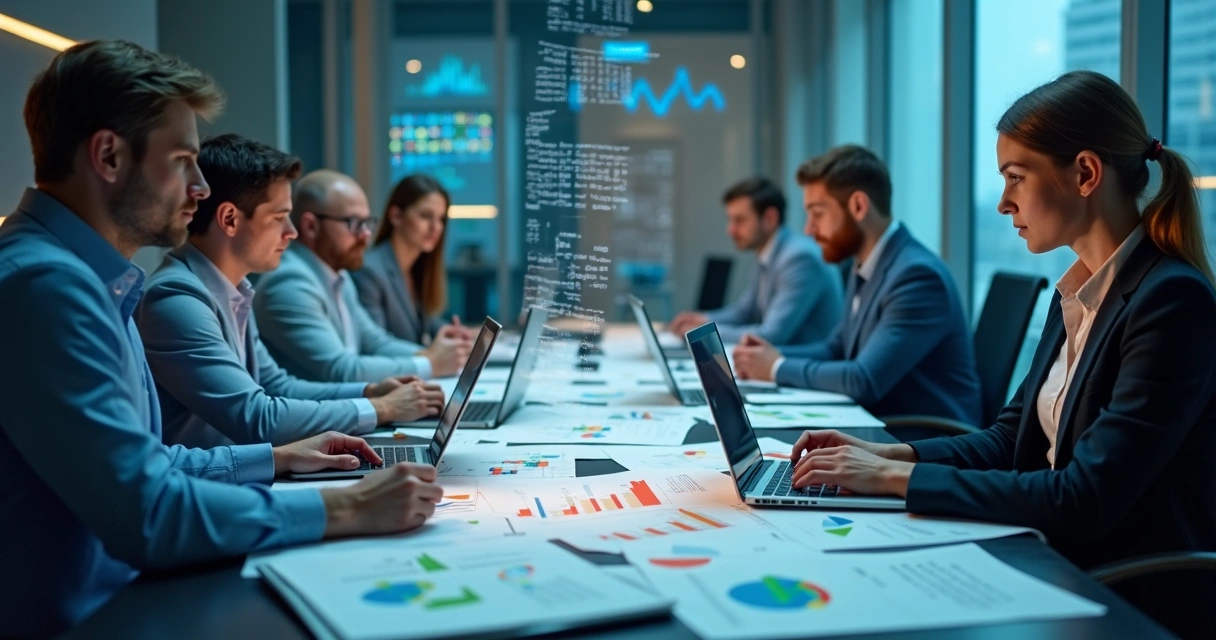 Equipe analisando métricas e relatórios detalhados 