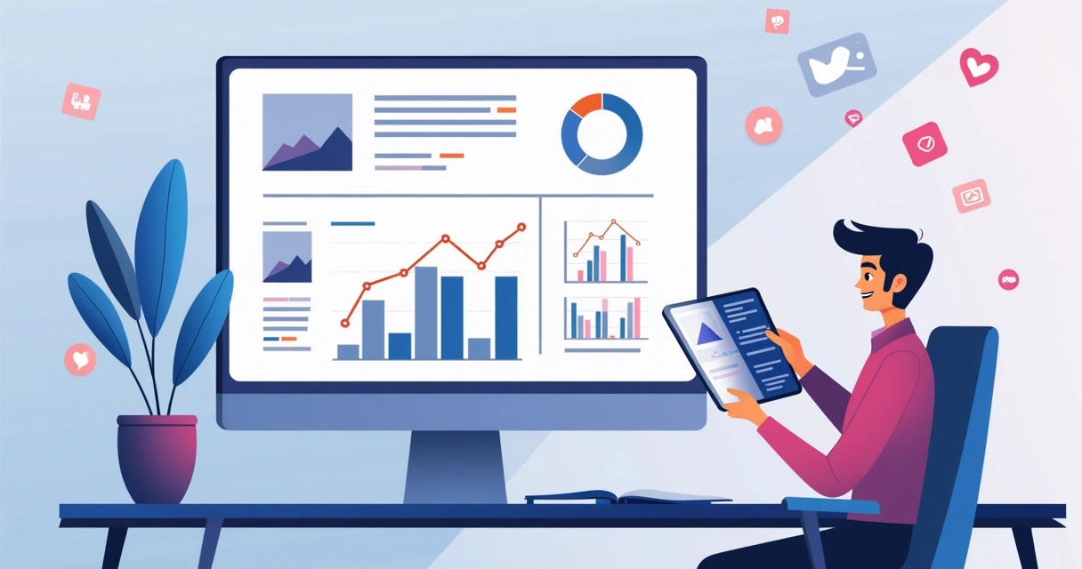 Análise de métricas do Instagram com gráfico, profissional e icons de curtidas e comentários na tela.