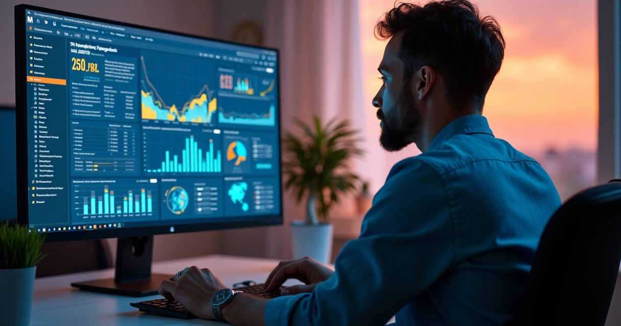 Profissional revisando métricas de campanhas de iscas digitais B2B em tela de computador clara e infográficos coloridos.