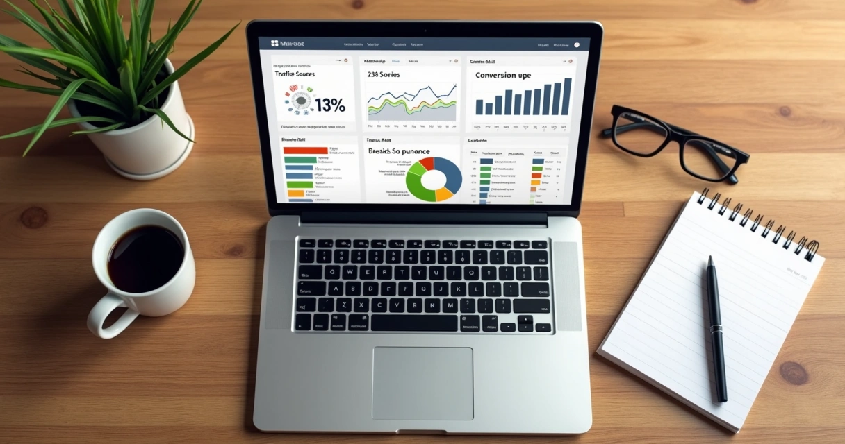 Dashboard de métricas de landing page em notebook sobre mesa de madeira 