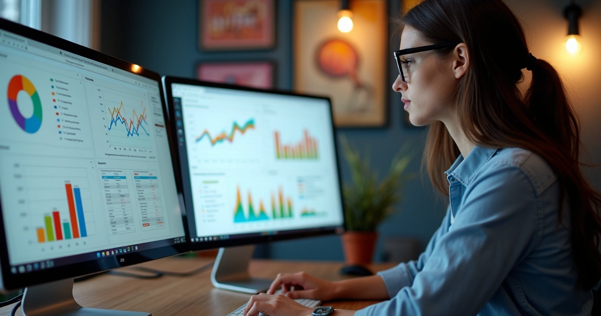 Profissional de marketing analisando painel de métricas e gráficos em computador 