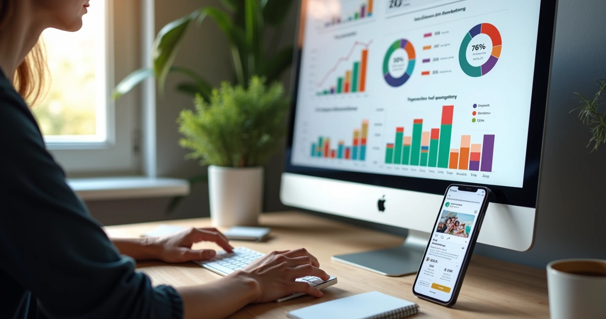Pessoa analisando gráficos e métricas de marketing em computador com smartphone ao lado 