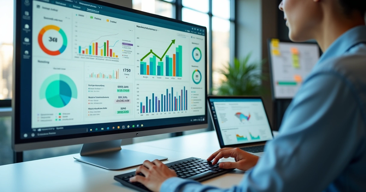 Profissional analisando métricas de marketing em dashboard com gráficos e ROI em destaque 