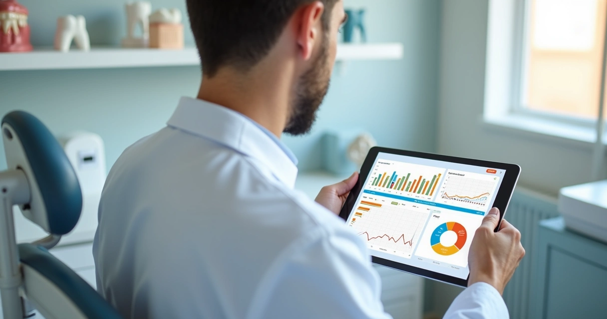 Dentista analisa métricas de marketing em tablet com gráficos 
