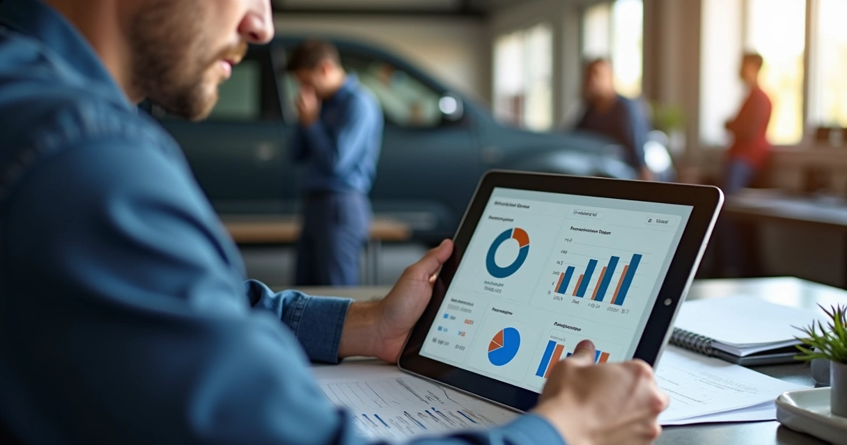 Gestor analisando gráficos de desempenho da oficina em tablet 