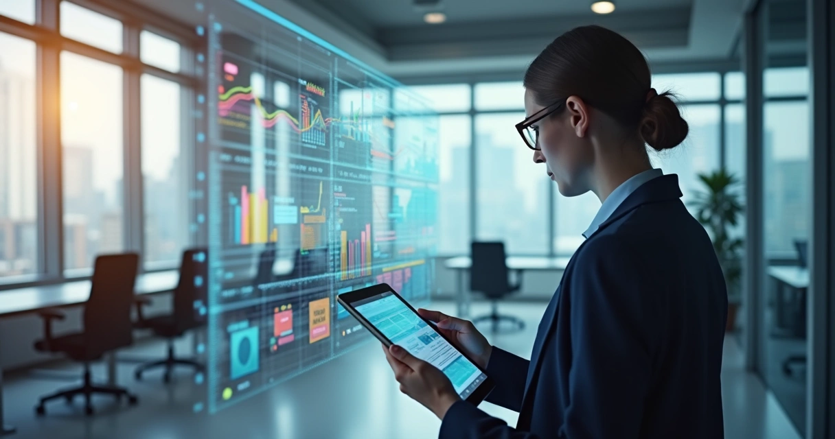 Pessoa analisando gráficos digitais em tela com tablet na mão 
