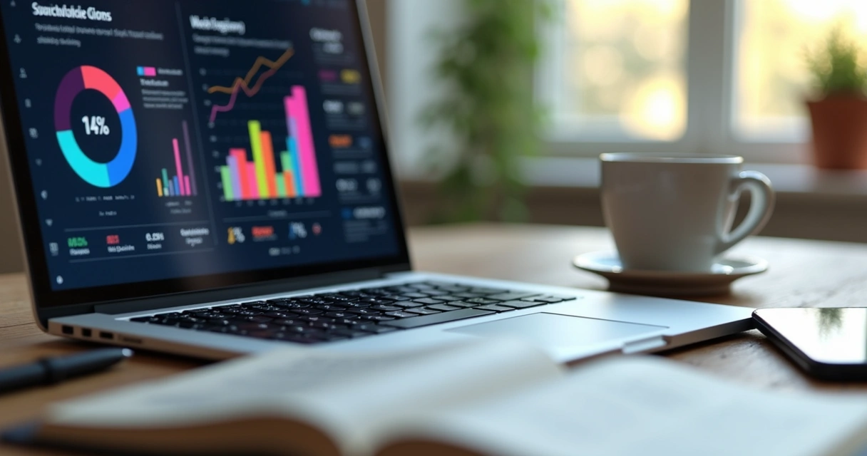 Gráfico digital com métricas de redes sociais e um bloco de notas ao lado 