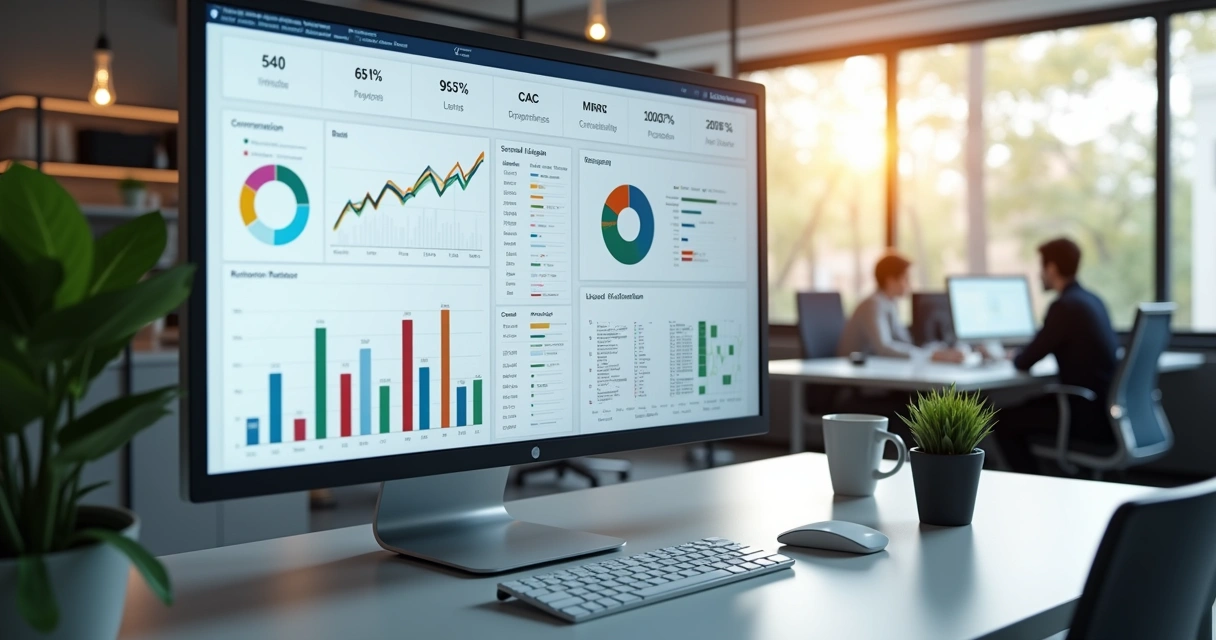 Dashboard detalhado mostrando gráficos e métricas SaaS em tela de computador com ambiente de escritório moderno ao fundo 