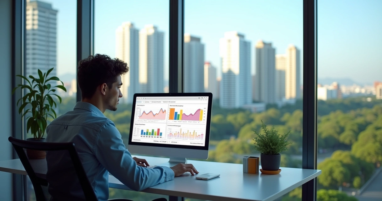Profissional analisando gráficos de SEO no computador com Curitiba ao fundo 
