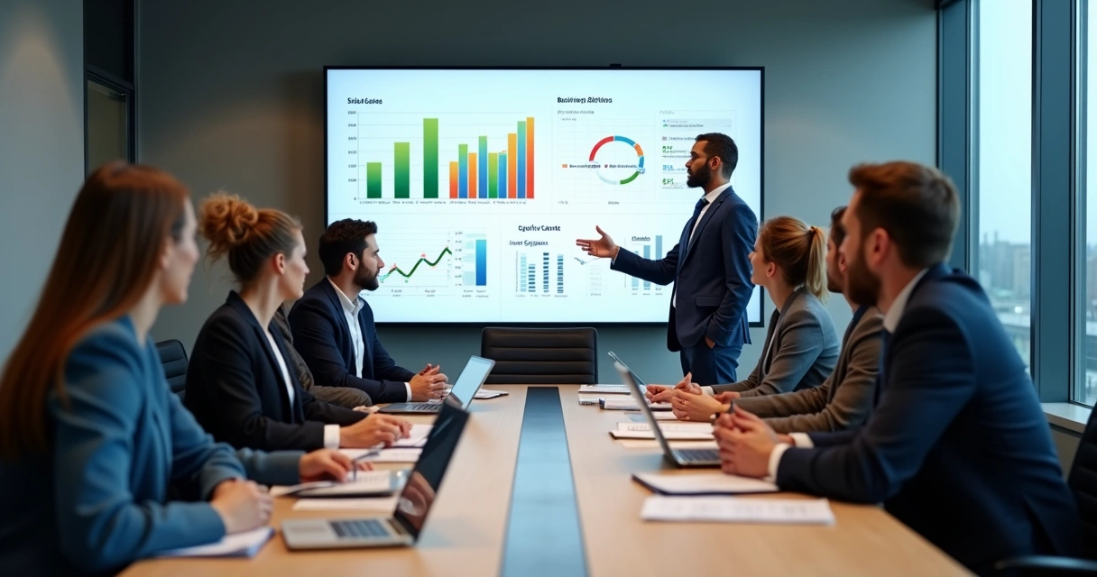 Reunião de análise de métricas em startup, gráficos na tela