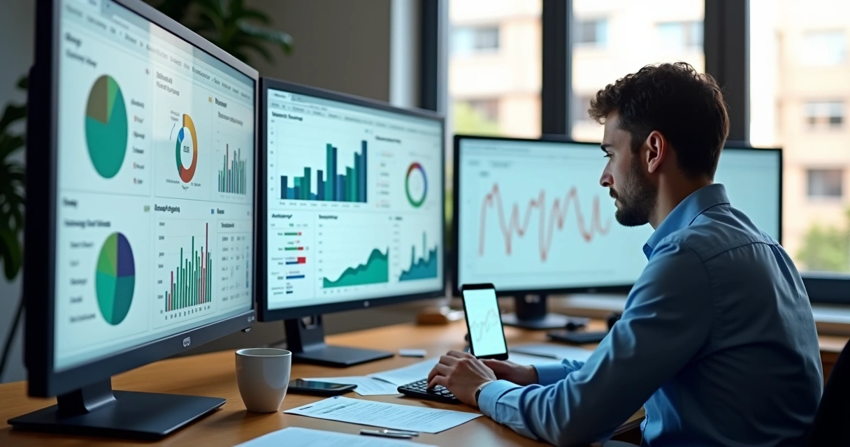Gestor analisando métricas de campanhas na tela do computador 