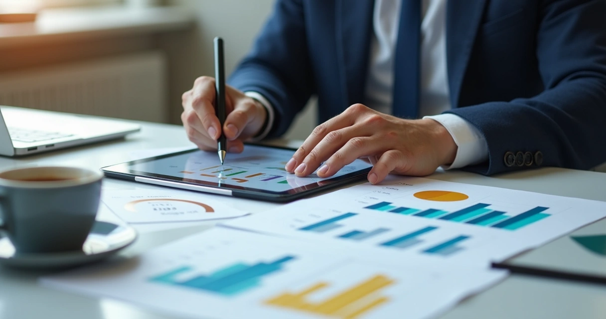 Profissional interpretando gráficos de vendas no tablet 
