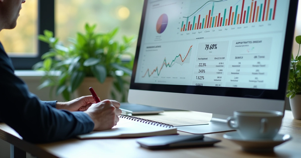 Profissional analisando métricas de vendas em dashboard no computador 