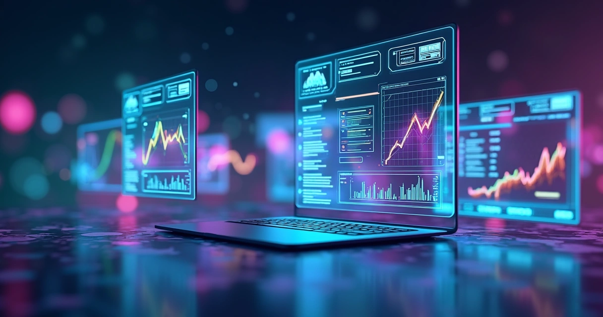 Modelo 3D mostrando gráficos coloridos de métricas de vídeo em uma tela digital futurista 