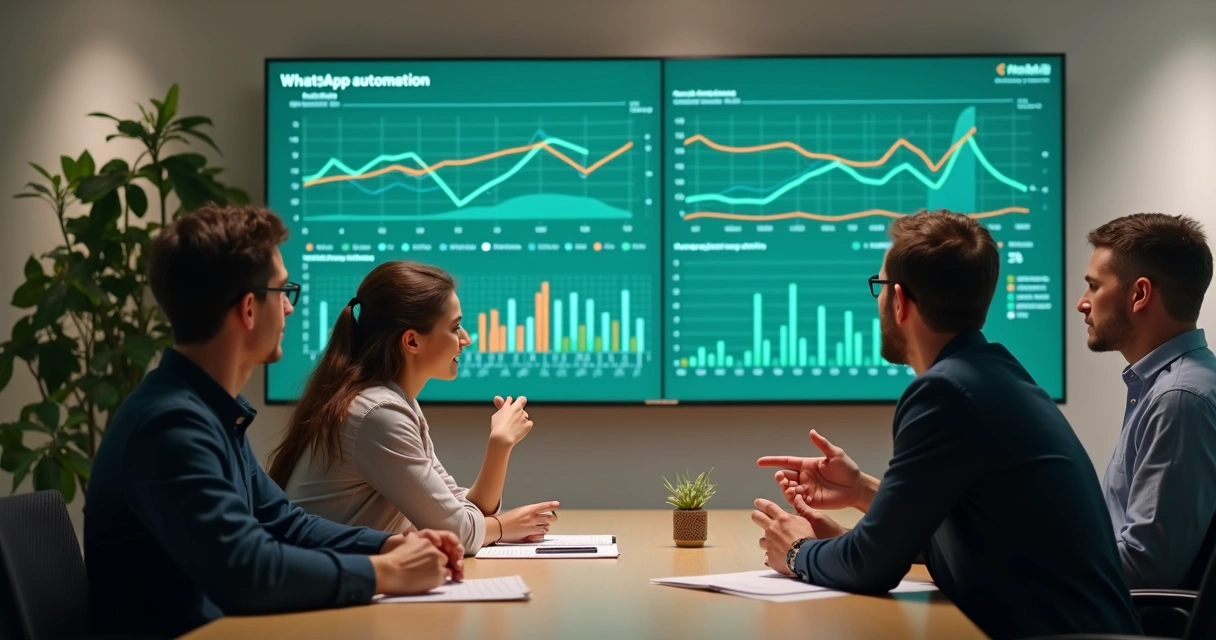 Equipe analisando métricas em painel de automação no WhatsApp 