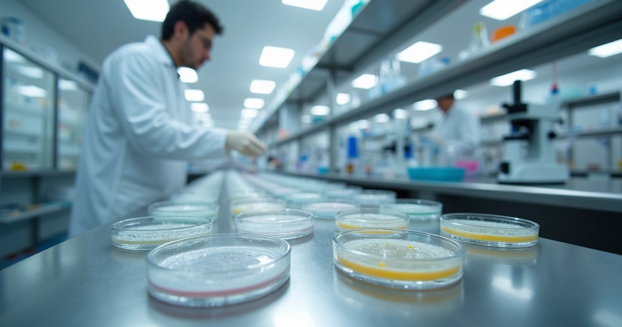 Técnico analisando amostras em laboratório de microbiologia