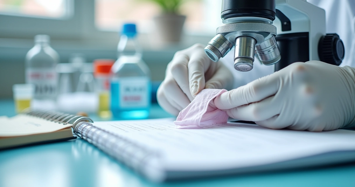 Microscópio analisando peças íntimas em bancada laboratorial 