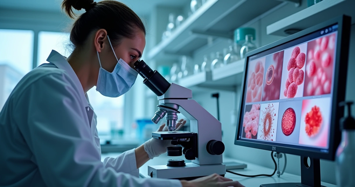 Cientista observa células sanguíneas em microscópio moderno. 