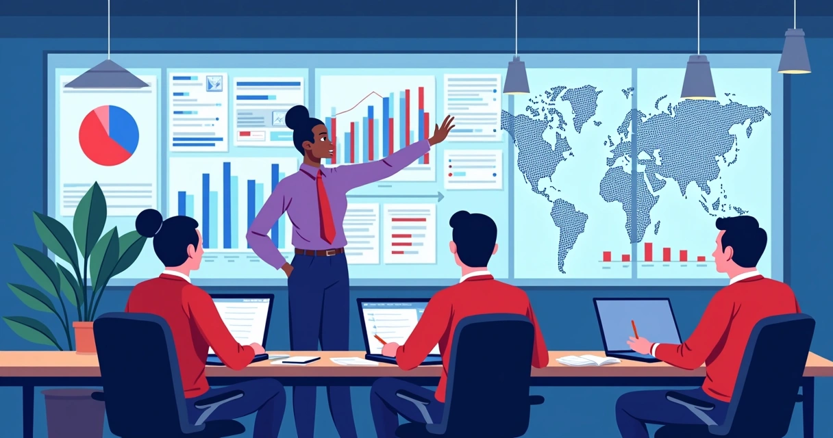 Equipe analisando dados de mídia social em telas grandes
