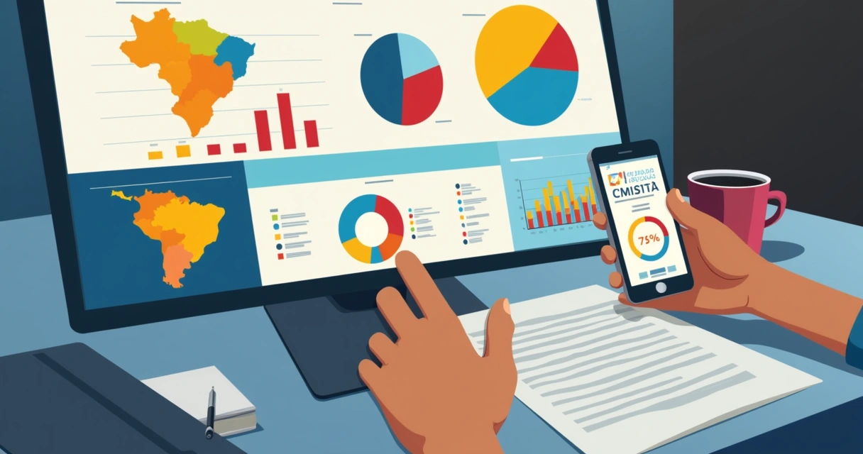 Profissional analisando gráficos de engajamento de campanha política nas mídias digitais em Minas Gerais 