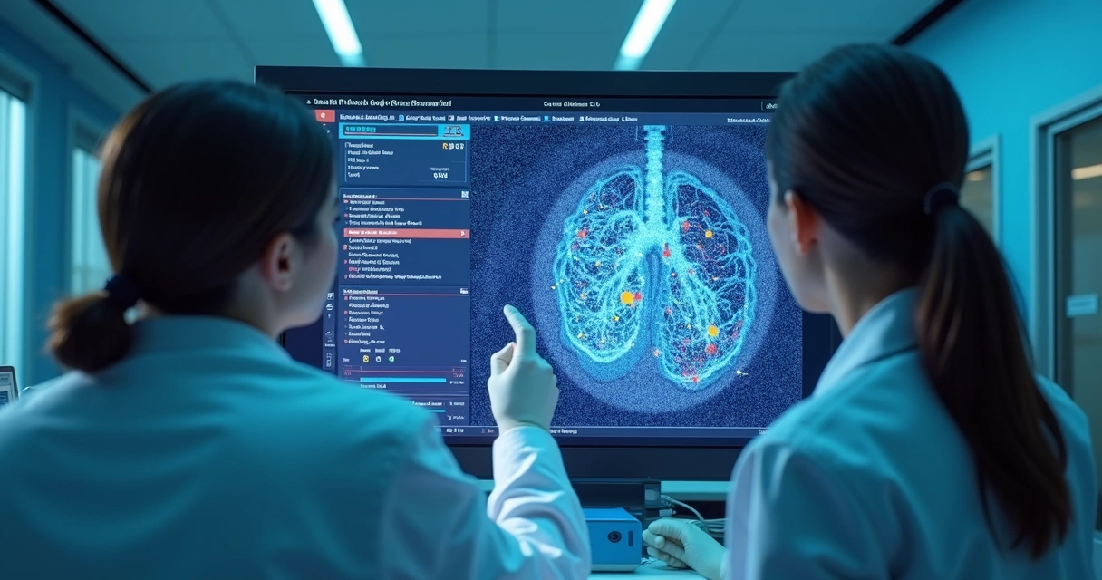 Equipe médica analisa imagem molecular do pulmão em tela digital. 