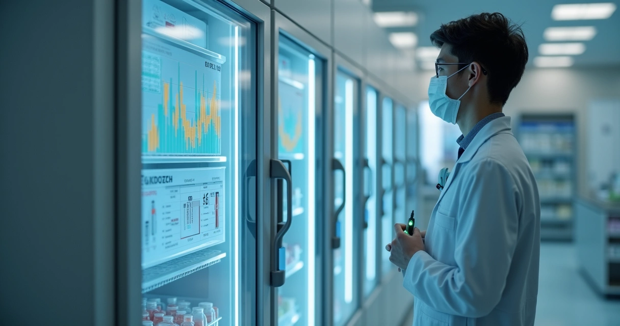 Tela de monitoramento de dados em computadores e sensores em refrigerador farmacêutico. 
