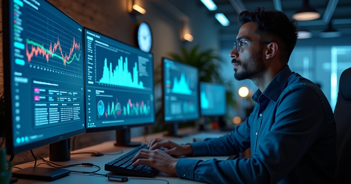 Profissional de TI analisando dashboard de monitoramento em tela ampla 